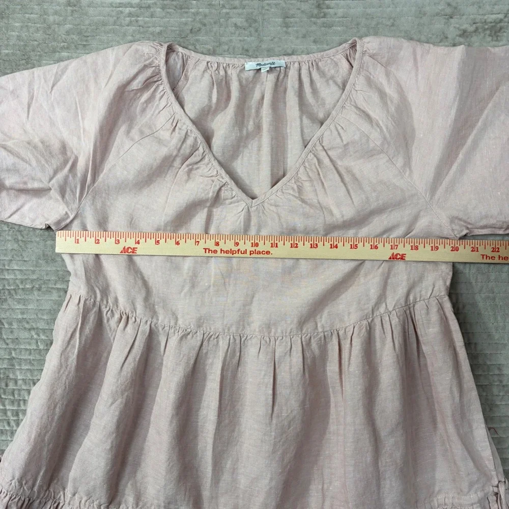 Madewell‎ Pink Linen Blend Tiered Mini Dress V-Neck Short Sleeve NE769 Large
